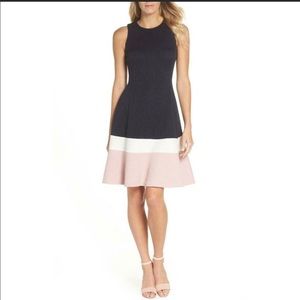 ELIZA J Colorblock Texture Knit Fit & Flare Dress In Navy Ivory Blush Size 6 NWT